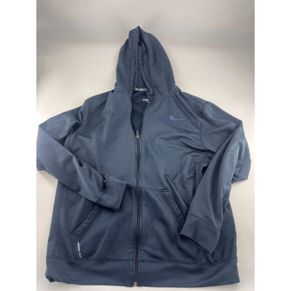 Nike Sweatshirt Mens Large Navy Blue Hooded Full Zip Therma Fit Sportswear - Picture 1 of 10